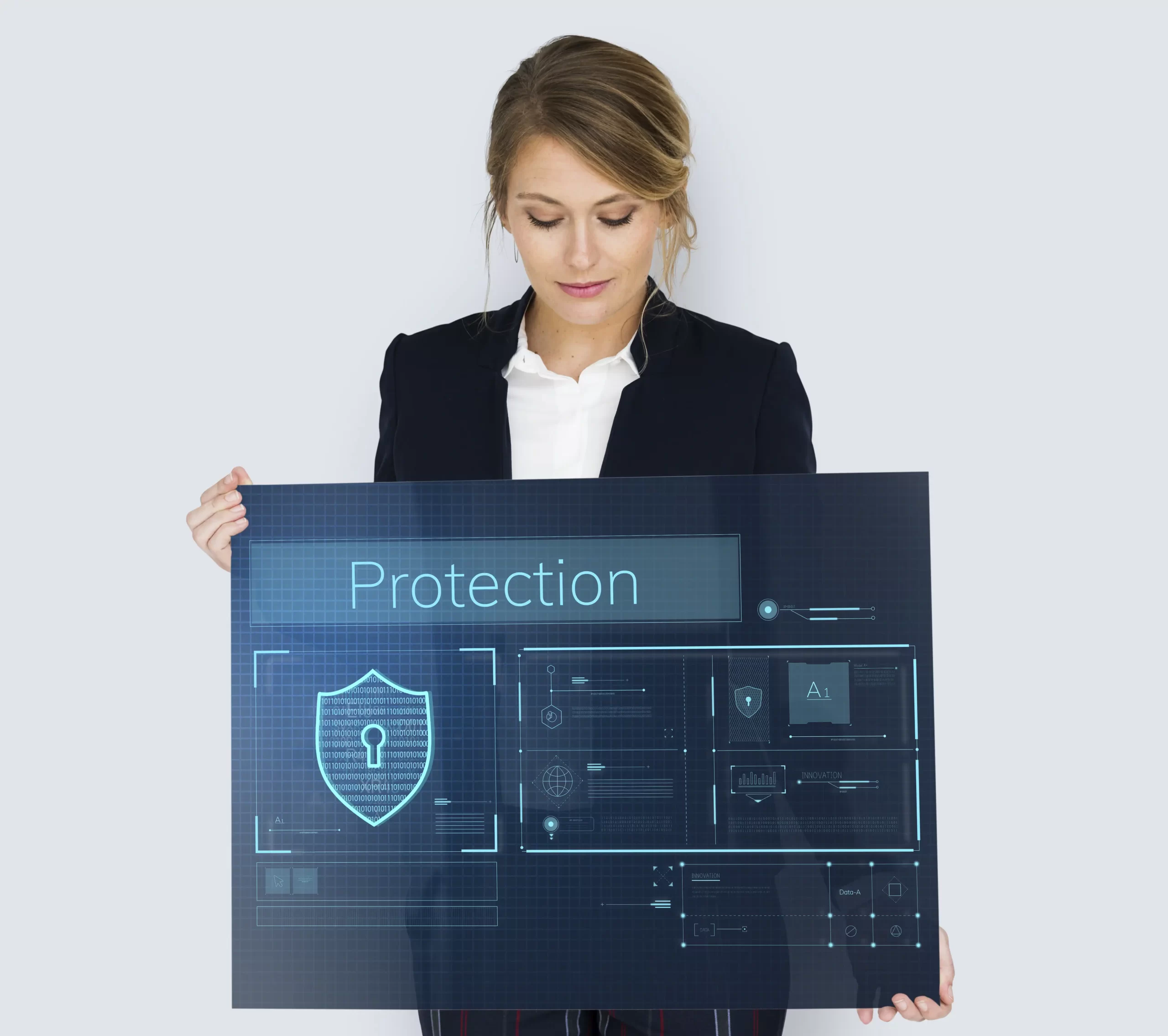 Professional woman holding a digital display with data security graphics, emphasizing protection and secure network solutions