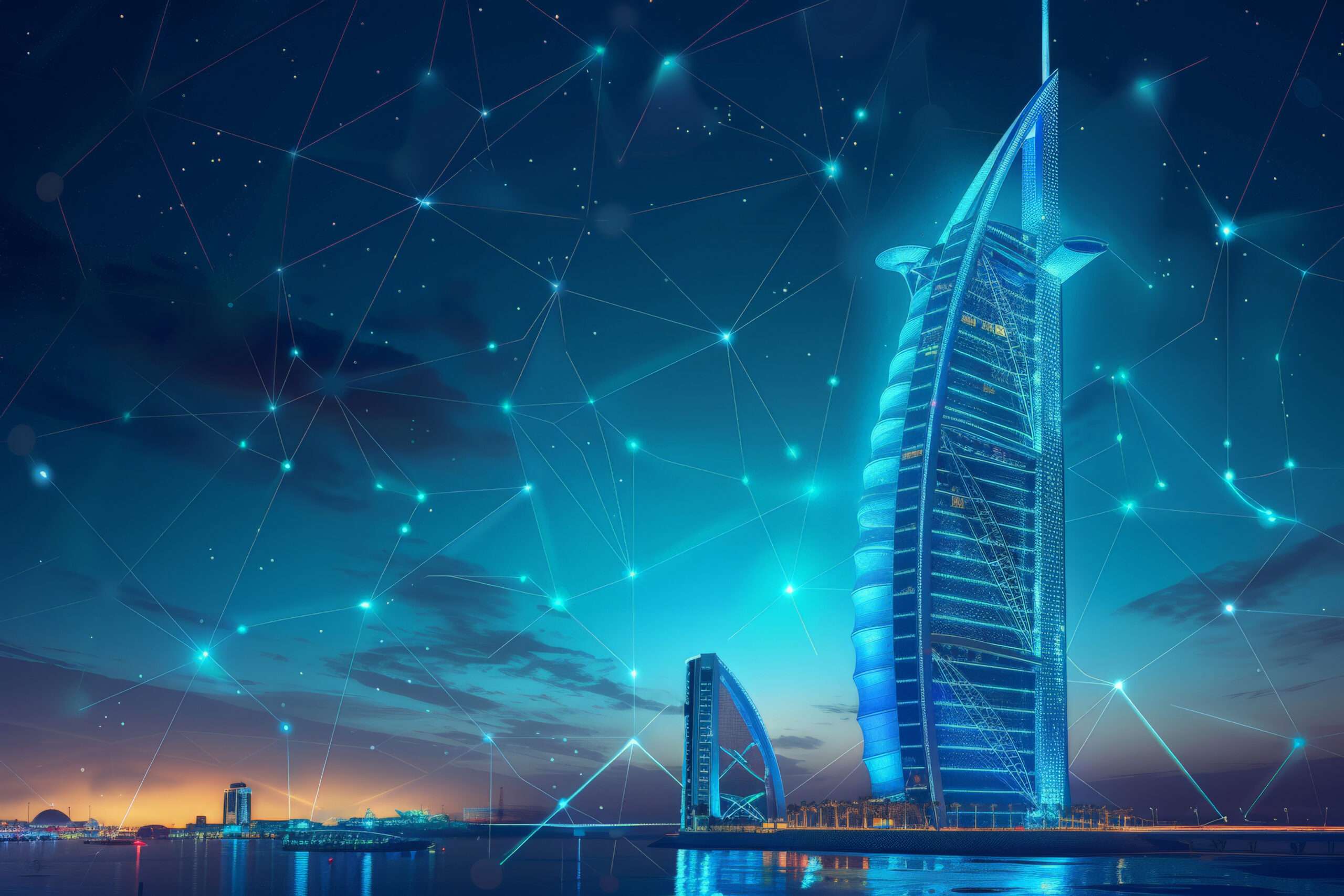 Panoramic view of Dubai featuring illuminated skyscrapers, including the iconic Burj Al Arab, glowing with futuristic neon blue lighting, symbolizing broadband connectivity and advanced technology against a night sky with a network-like digital grid overlay