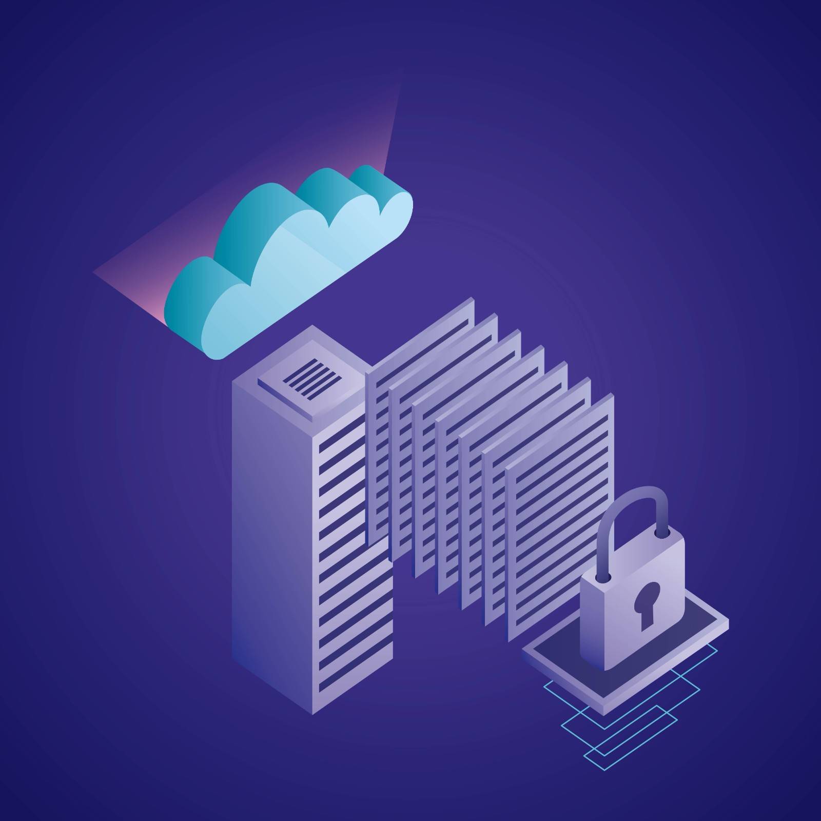 Illustration representing Cloud Solutions in Dubai, featuring a cloud icon above server racks and a padlock symbol to highlight secure data protection and cybersecurity infrastructure.