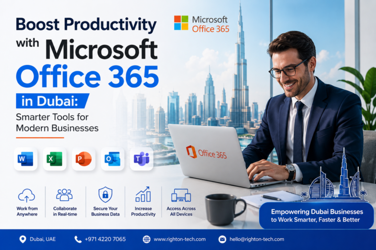 Righton Technologies poster showing Microsoft Office 365 apps (Word, Excel, PowerPoint, Outlook and Teams) on a laptop for businesses in Dubai
