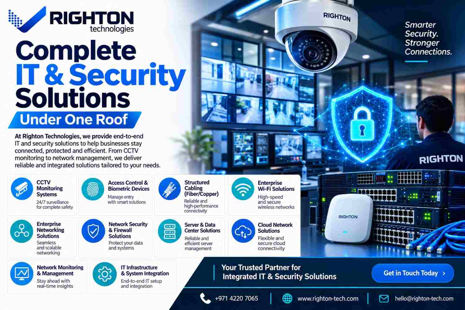 Righton Technologies providing IT and security solutions with CCTV monitoring, network infrastructure and access control systems in Dubai.