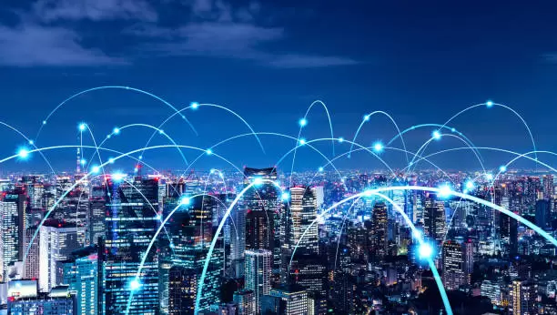 Wi-Fi networking image representation with a city at night