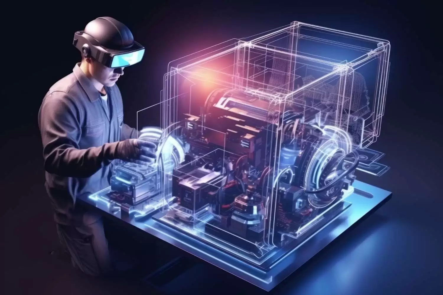 Technician using augmented reality (AR) tools to interact with a virtualized machine model, showcasing advanced virtualization technology and solutions