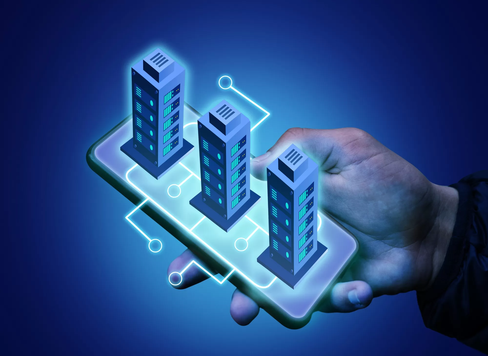 Illustration of virtual storage technology concept, showcasing a hand holding a smartphone with holographic data server buildings connected by glowing lines, symbolizing modern data management and cloud computing solutions