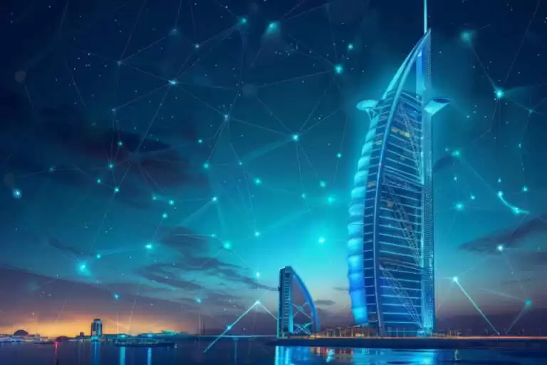 Panoramic view of Dubai featuring illuminated skyscrapers, including the iconic Burj Al Arab, glowing with futuristic neon blue lighting, symbolizing broadband connectivity and advanced technology against a night sky with a network-like digital grid overlay